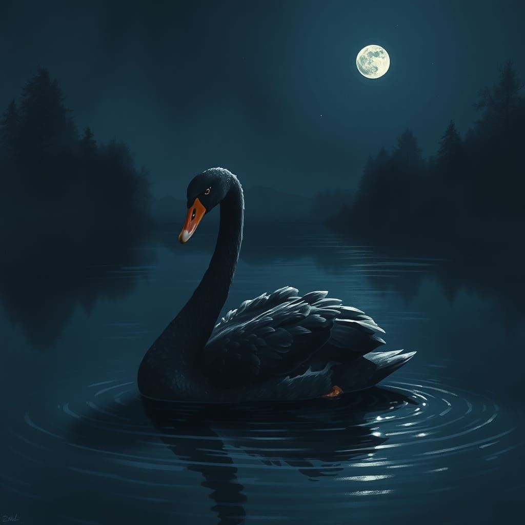 Mysterious Black Swan Illuminated by Lunar Reflections