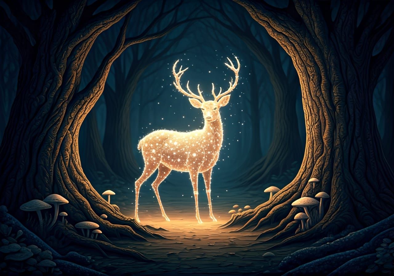 Ethereal Stardust Deer in Moonlit Forest