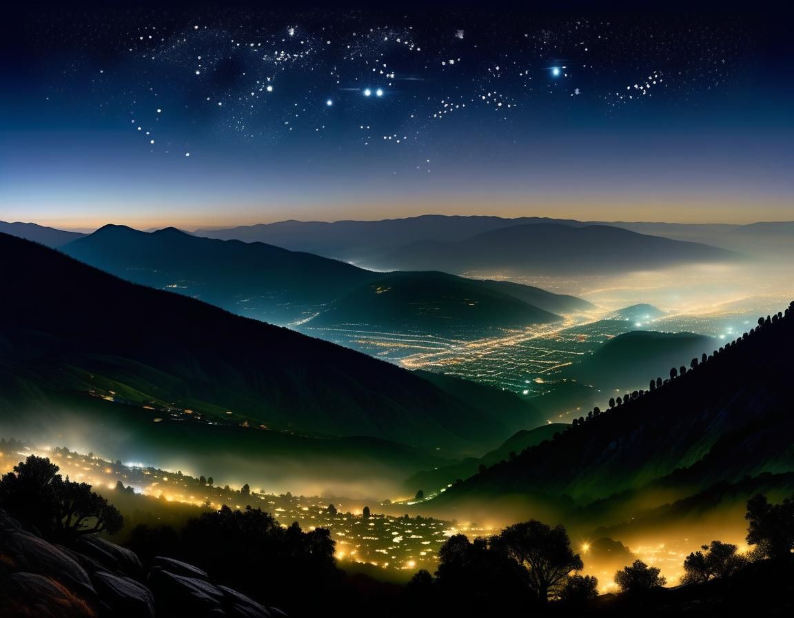City in Valley Under Foggy Starry Night