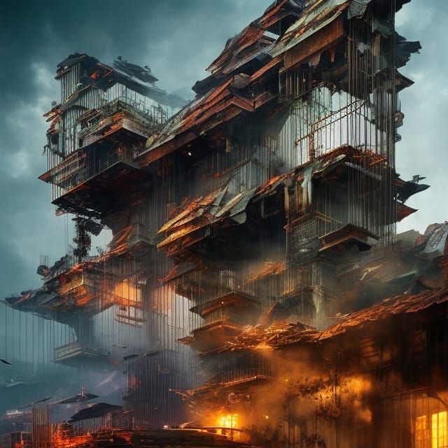 Contained Chaos Building in Flowerpunk Cyberpunk Style