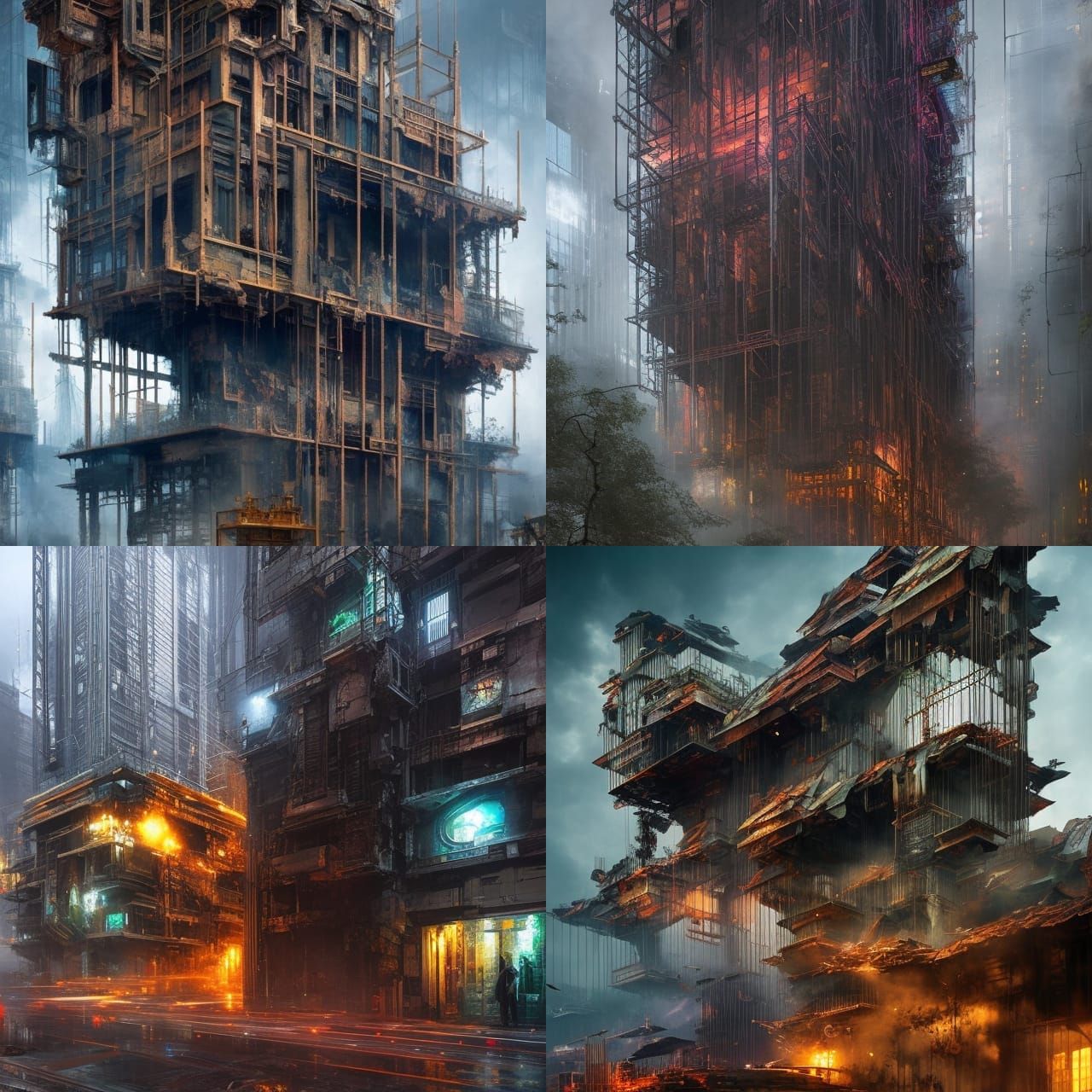 Cyberpunk Building Portrait in Gritty Flowerpunk Style