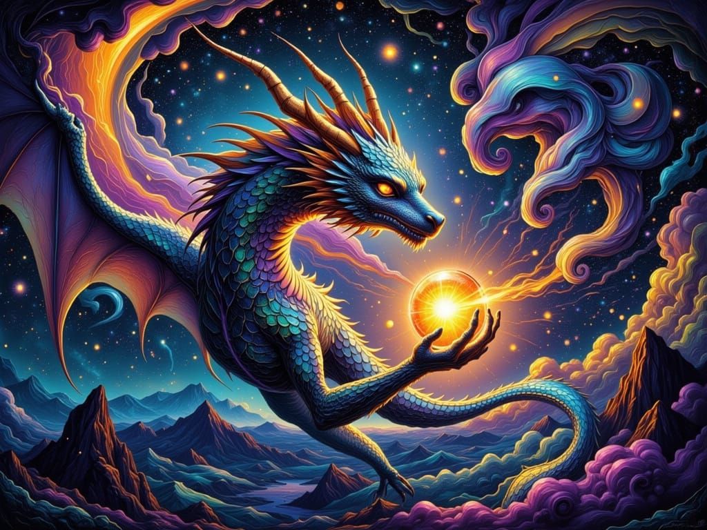 Celestial Dragon Soars Through a Starry Galaxy in Art Nouvea...