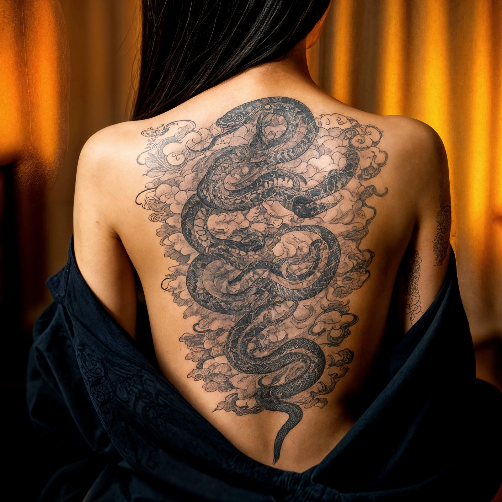 Serene Asian Goddess with Mystical Snake Tattoo