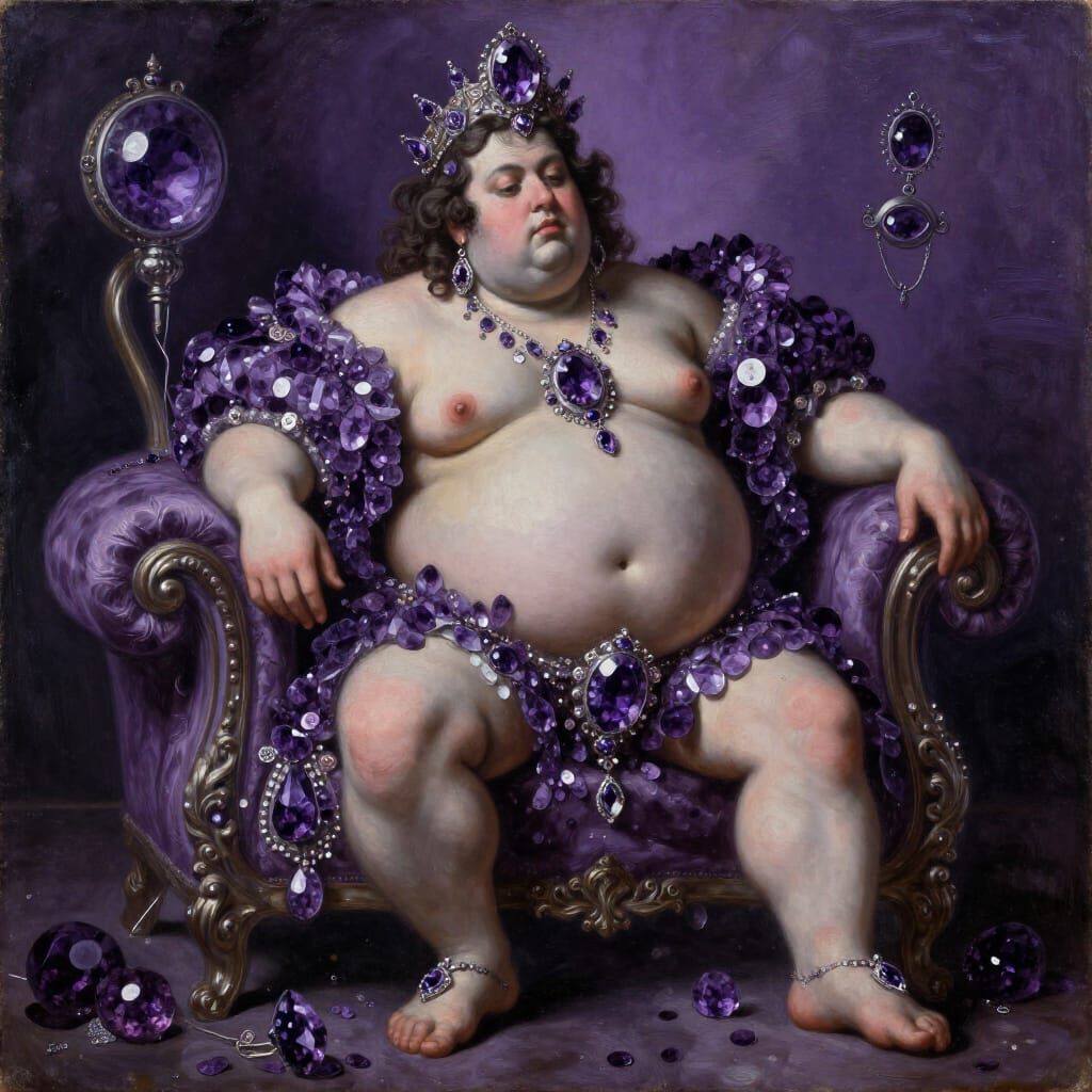 Baroque Oil Painting of an Obese Figure Adorned with Amethys...