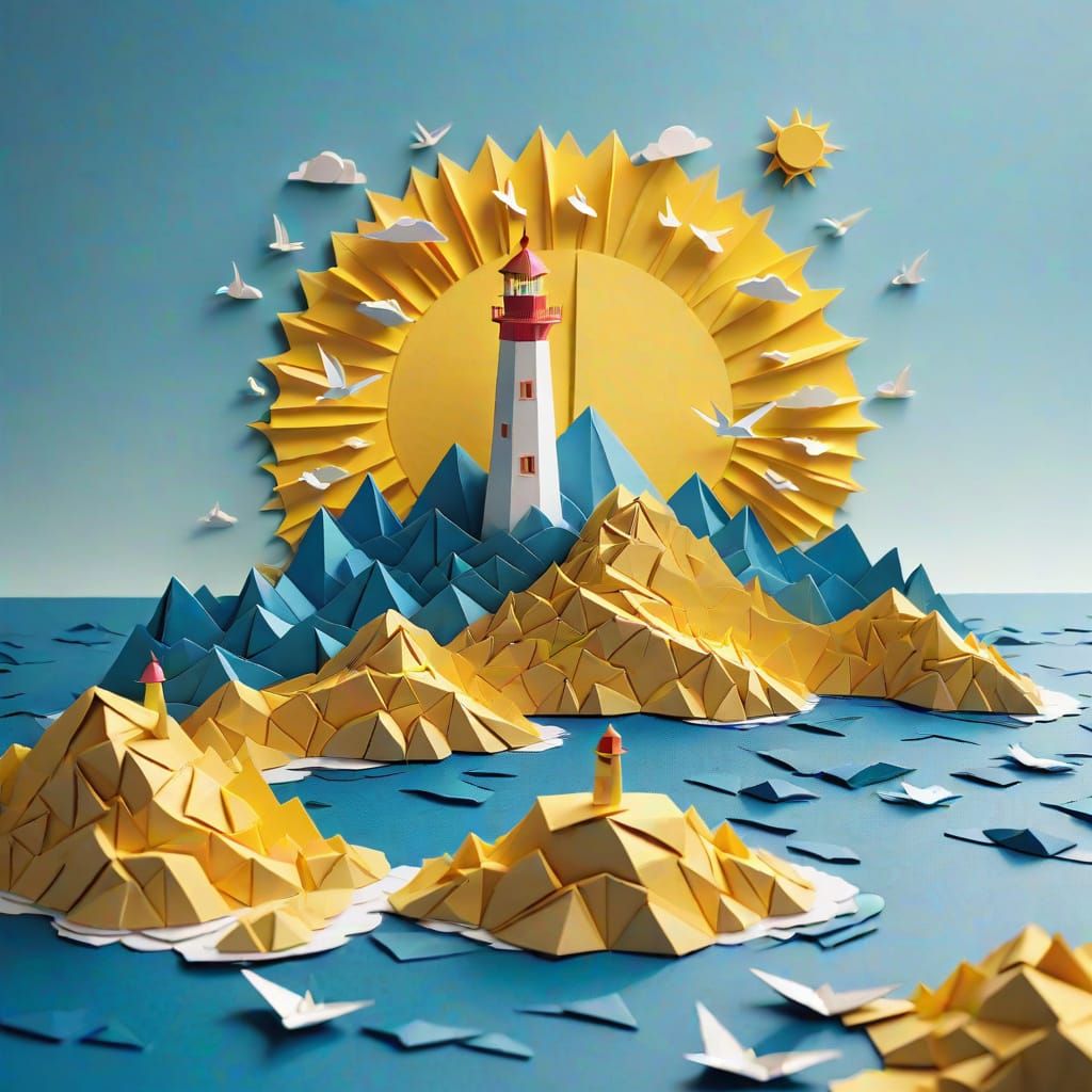 Papercraft Lighthouse on Island in Cerulean Sea