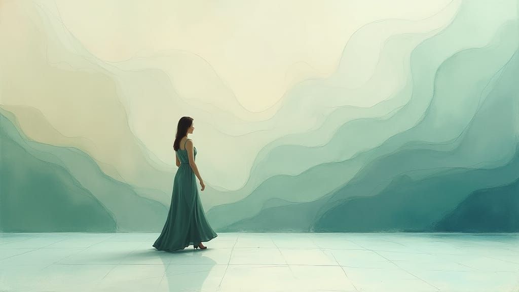 Elegant Woman in Minimalist Landscape with Fluid Abstract St...