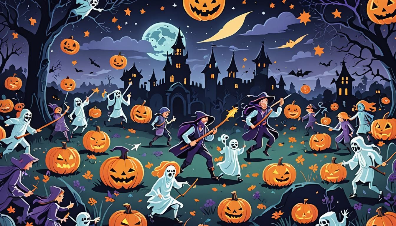 Fantasy Adventurers Fight Zombies in Graveyard, Flat Vector ...