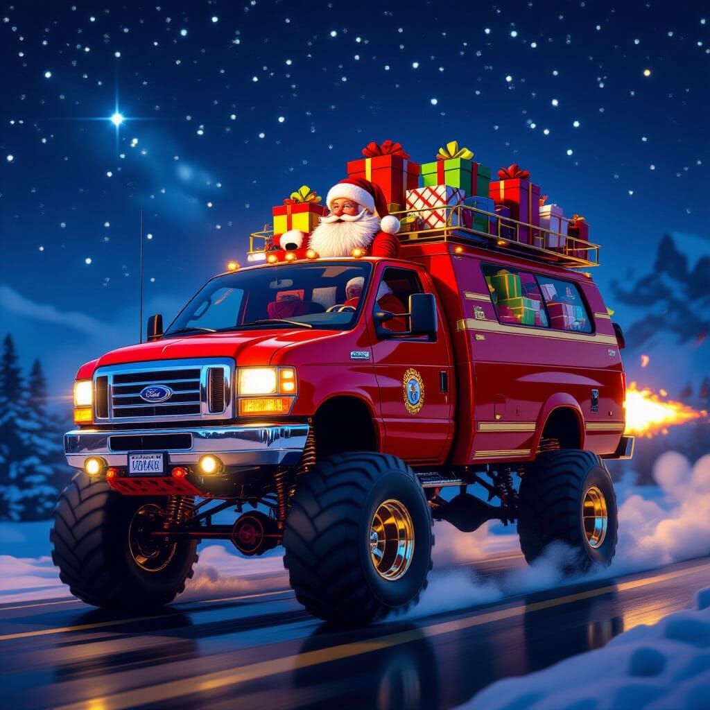 Santa's Super Lifted Van Soars Through Night Sky