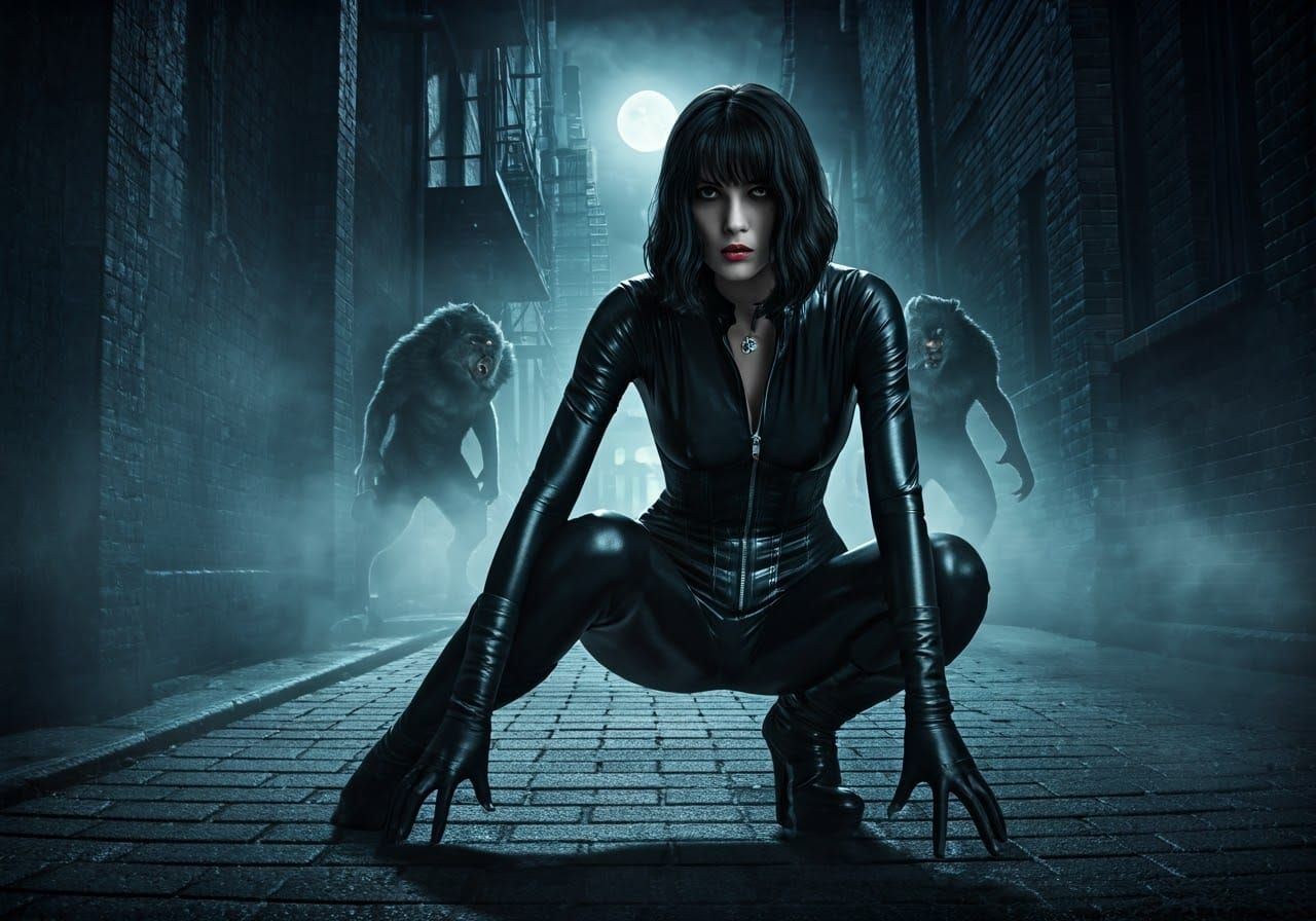 Selene in Dark Alleyway Hunted by Werewolves