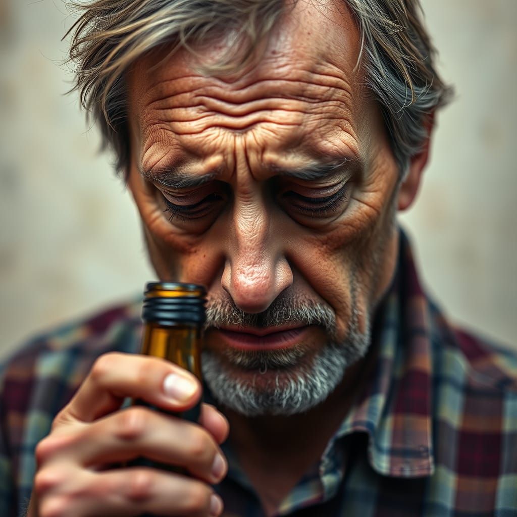 Sorrowful Man in Despair, Clutching Empty Liquor Bottle