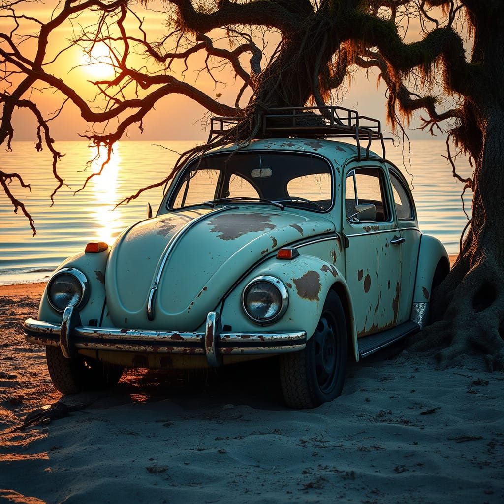 Vintage VW Beetle Reclaimed by Nature in a Lakeside Scene