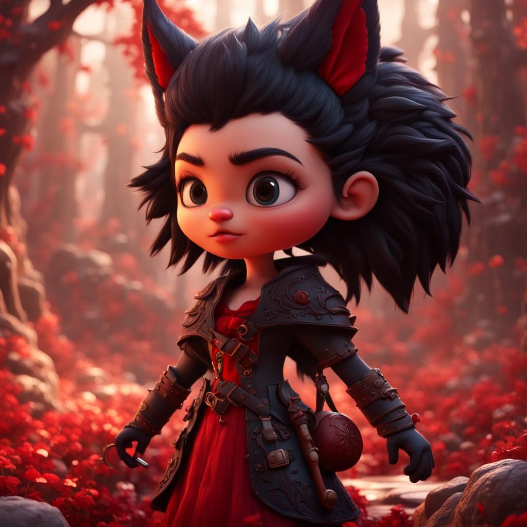 Furious Wolf and Red Riding Hood in Pixar Style