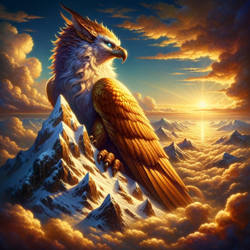 Majestic Griffin Surveys Snow-Capped Peak in Golden Sunset