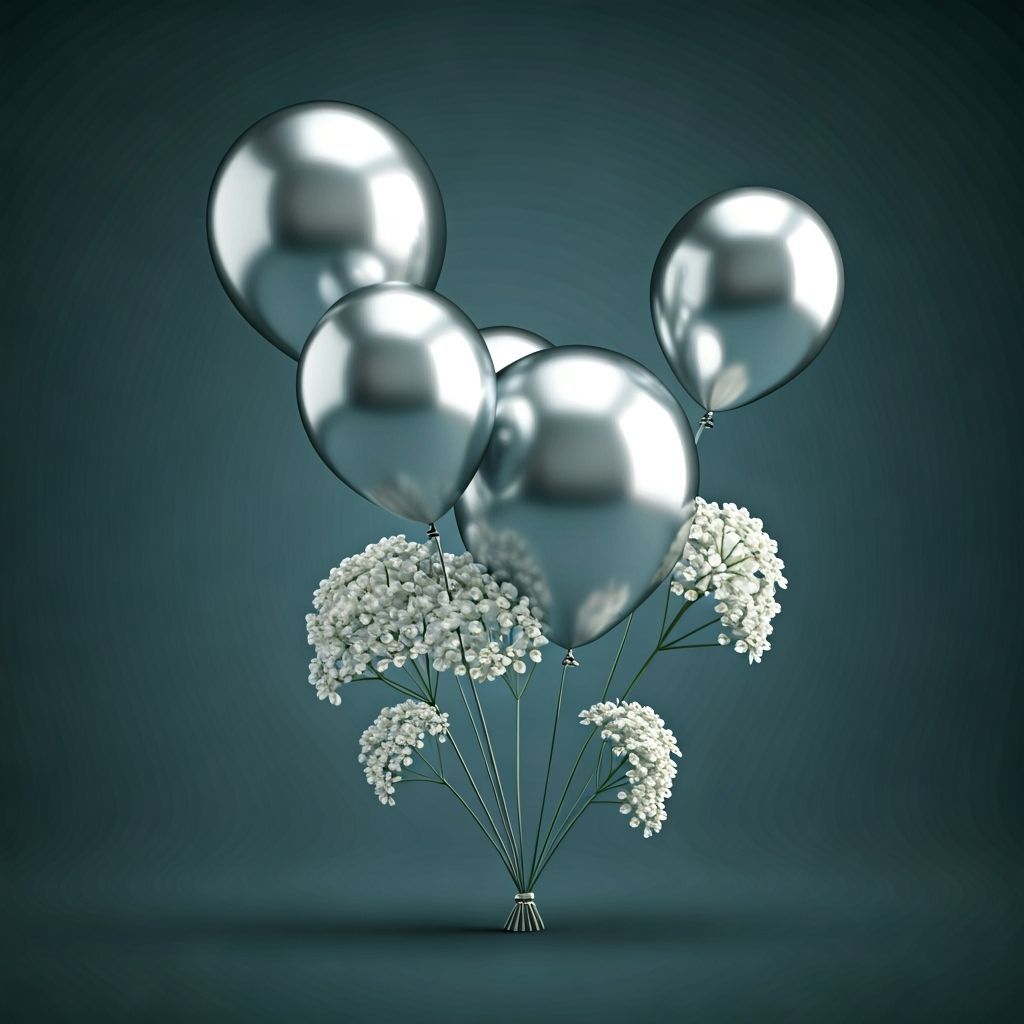 Whimsical Silver Balloons and White Flowers