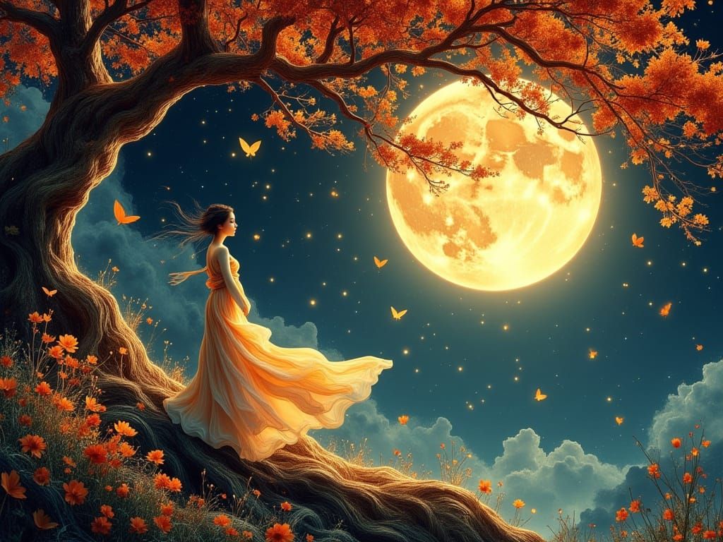 Harvest Moon Dance Under World Tree in Autumn Glow