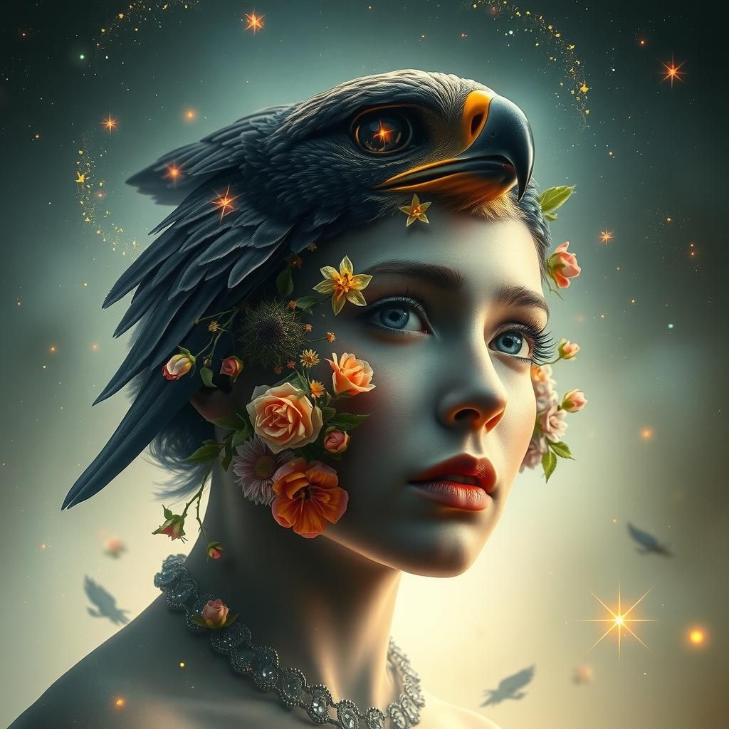 Surreal Cosmic Portrait of a Face Morphing into a Falcon