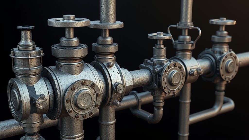 Futuristic Industrial Pipes with Valves and Gears in Dark Me...