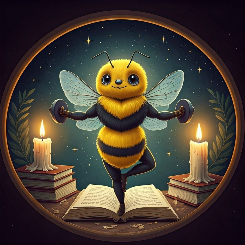 Enchanted Bee in Fitness Pose, Whimsical Illustration