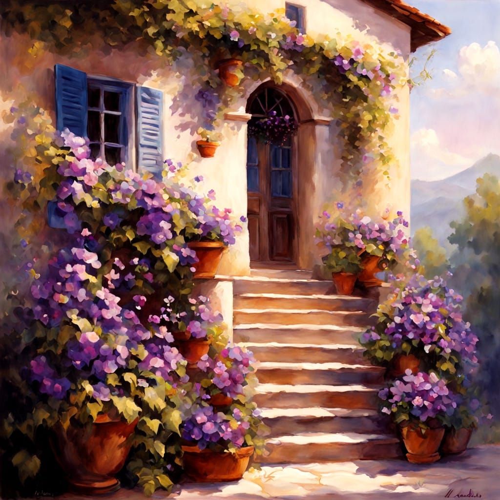 lora:A-O-W Mix:1.0 front facing Italian villa with vines of purple morning glories on the steps are small planters of ti...