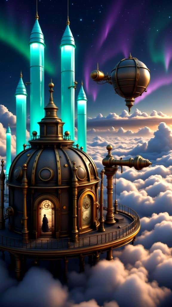 Steampunk Observatory Above Clouds in Cosmic Style