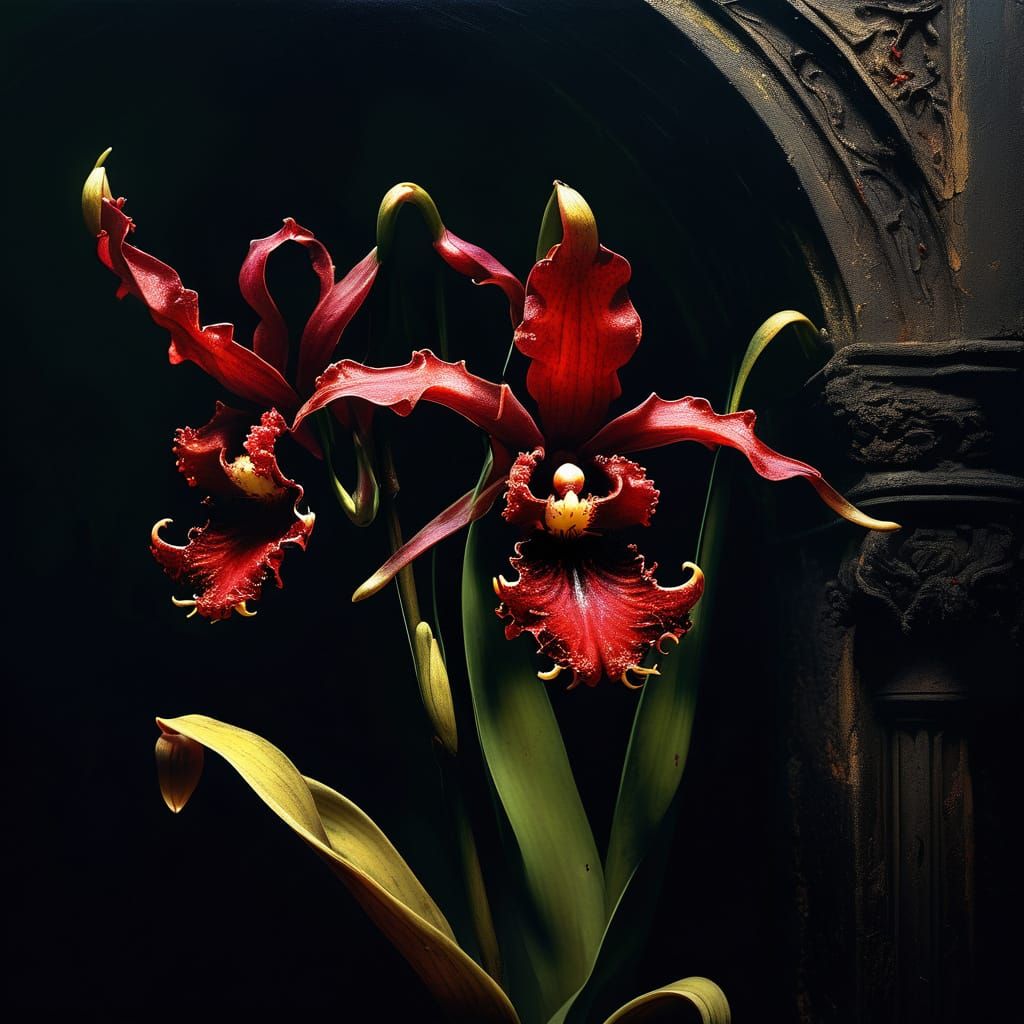 Devil’s Orchid Waltz (Dracunculus vulgaris – Dragon Arum)
Palette:

Gradient: Wine Red #8B0000 → Velvet Black #0D0D0D → ...