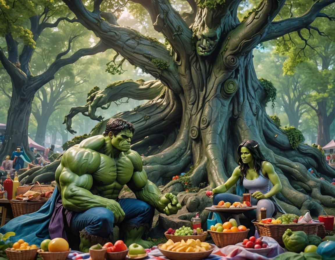 Hulk and She-Hulk Picnic in Woodland: Splash Art