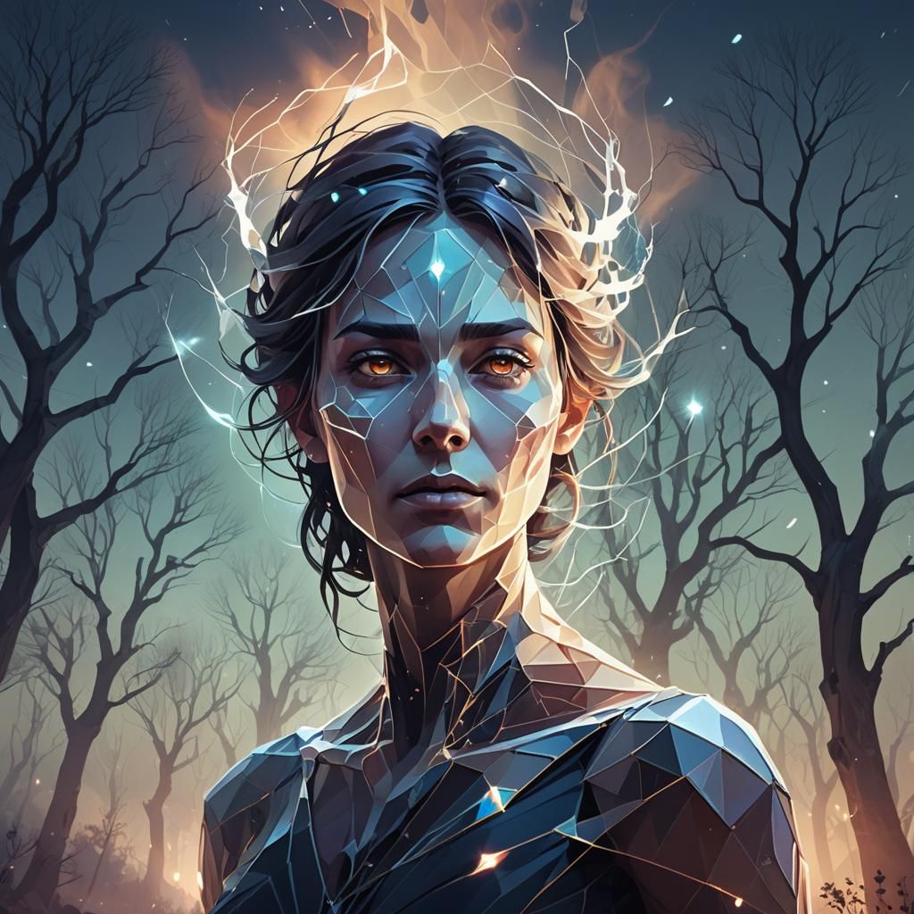 Ethereal Spirit Portrait in Low-Poly Style