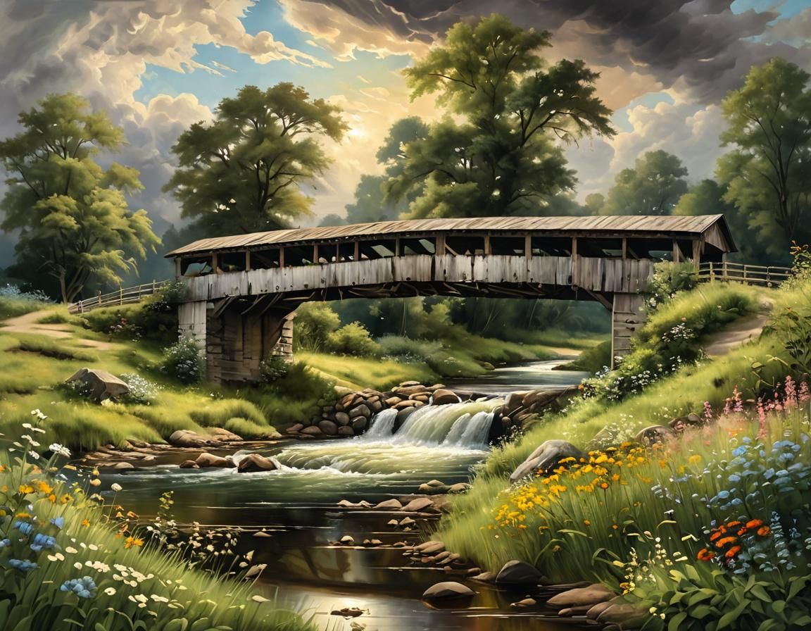 Rustic Covered Bridge Oil Painting Landscape