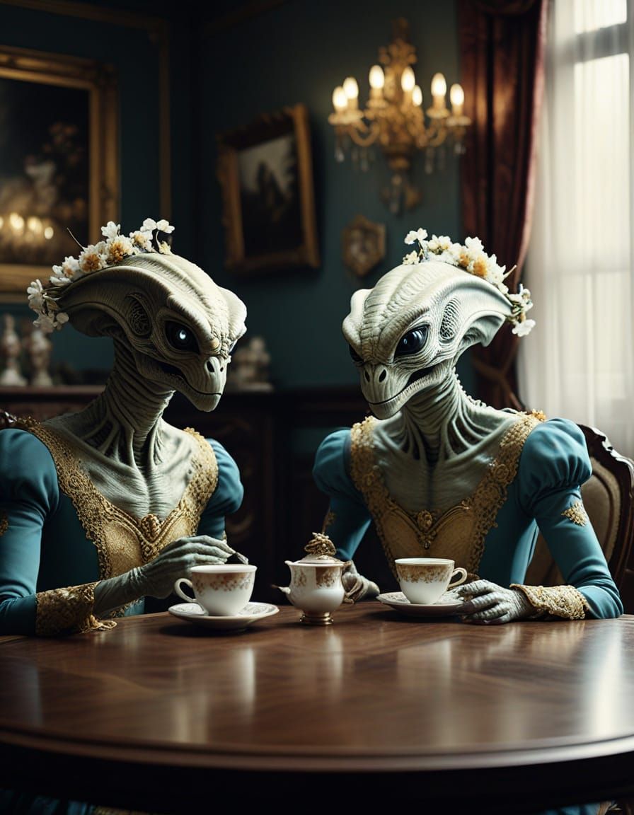 Alien Women in Rococo Dresses Drinking Tea