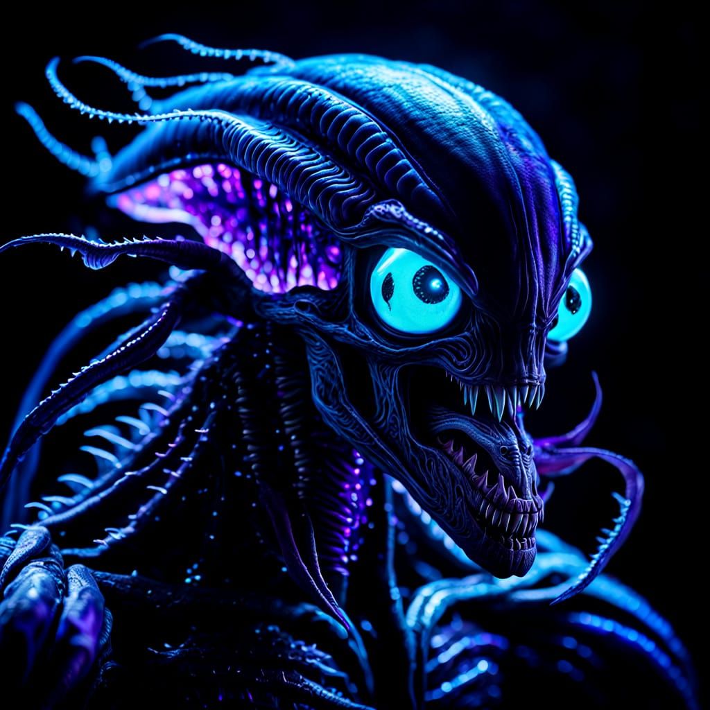 Glowing-Eyed Creatures in Bioluminescent Neon Darkness