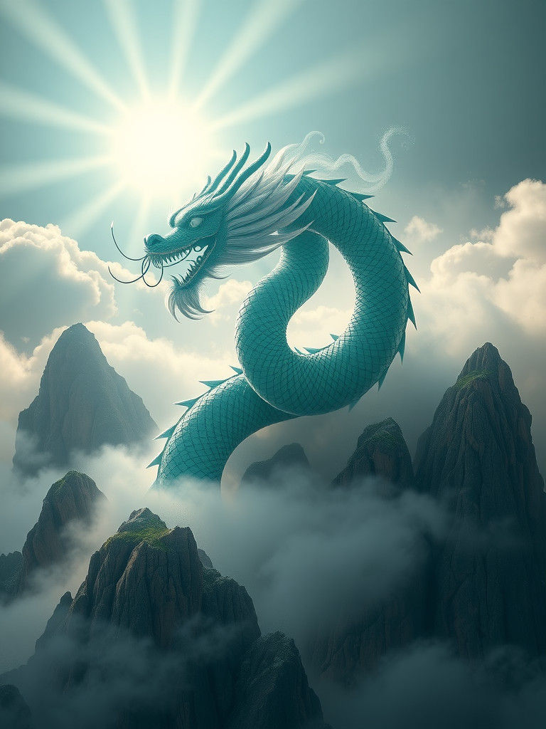 Jade Chinese Dragon Soaring Above Misty Mountains