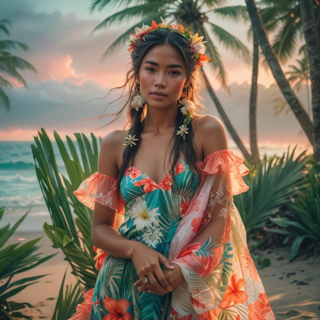 Hawaiian Woman on Misty Beach in Digital Painting