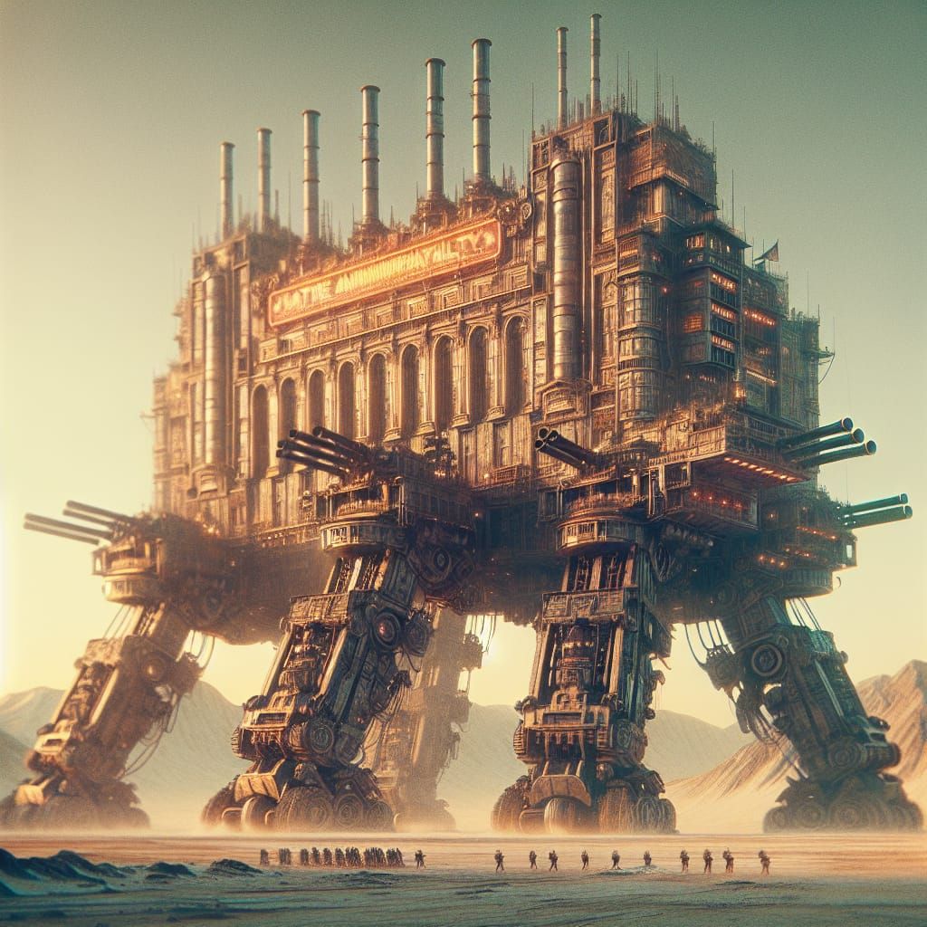 Steampunk City War Fortress Traversing Desolate Desert