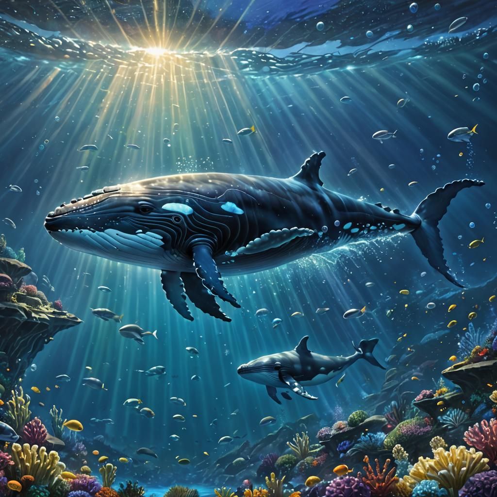 Bioluminescent Whale in Holographic Pacific Ocean