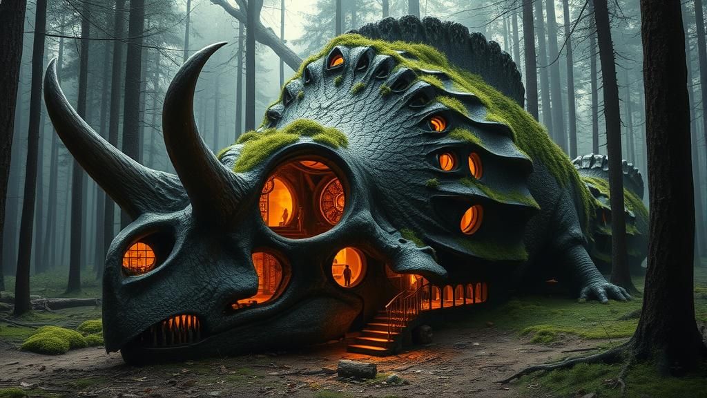 Mossy Triceratops Skull Sanctuary in Forest