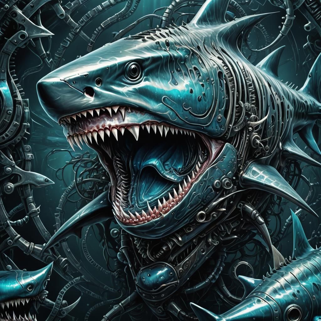 Biomechanical Shark-Piranha Fusion in Giger-esque Style
