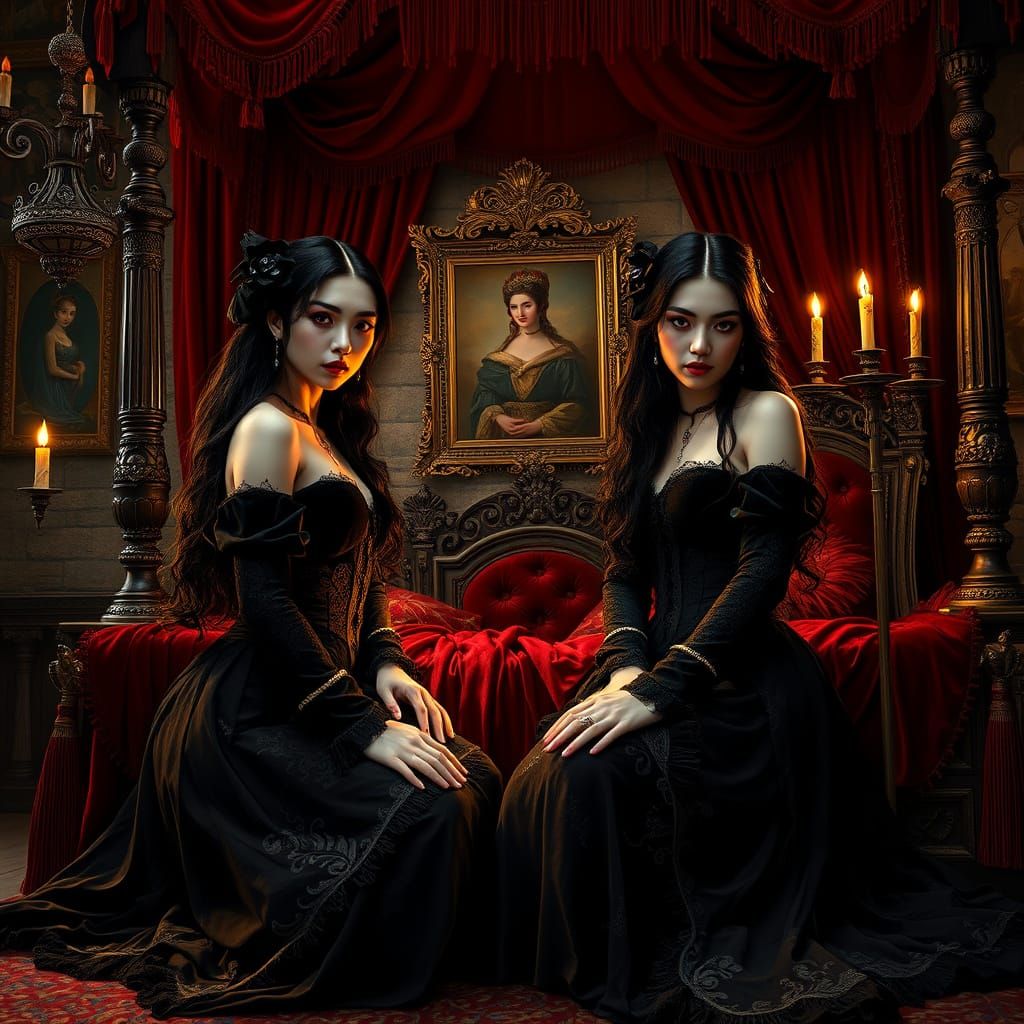 Mysterious Vampire Sisters in Victorian Gowns