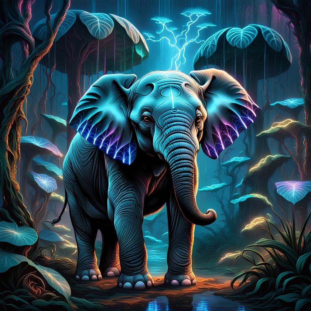 Bioluminescent baby elephant lonely in the jungle