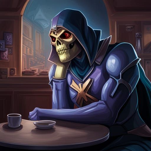 Skeletor in Cafe: Detailed Digital Art Portrait