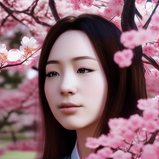 Japanese Girl in Kimono with Sakura Blossoms