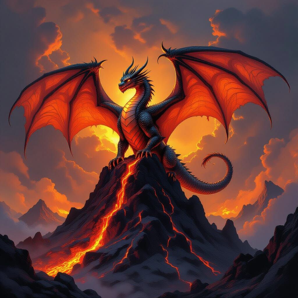 Fiery Dragon on Volcanic Peak in Fantasy Art Style