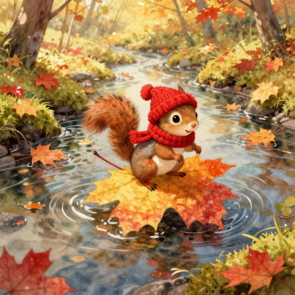Squirrel Rides Autumn Leaf Down Stream in Watercolor Style