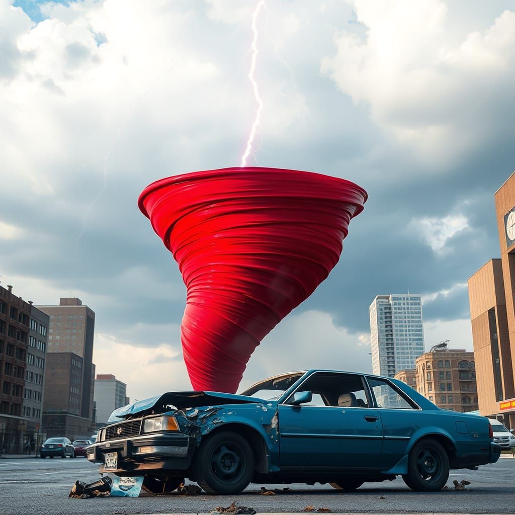 Red Tornado Character Above Destroyed Car with Lightning