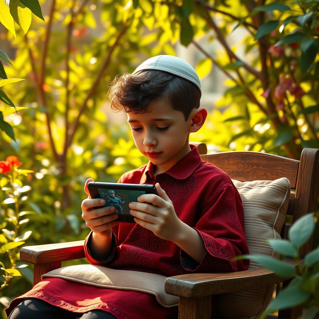 Traditional Hasidic Boy in Lush Garden, Playing a Modern Gam...
