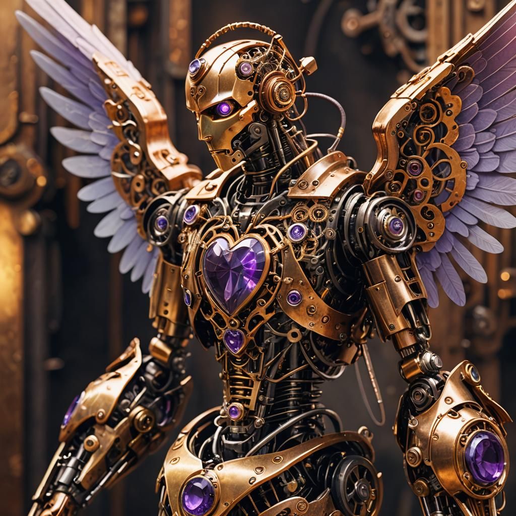 Robot Angel with Mechanical Heart in Steampunk Style