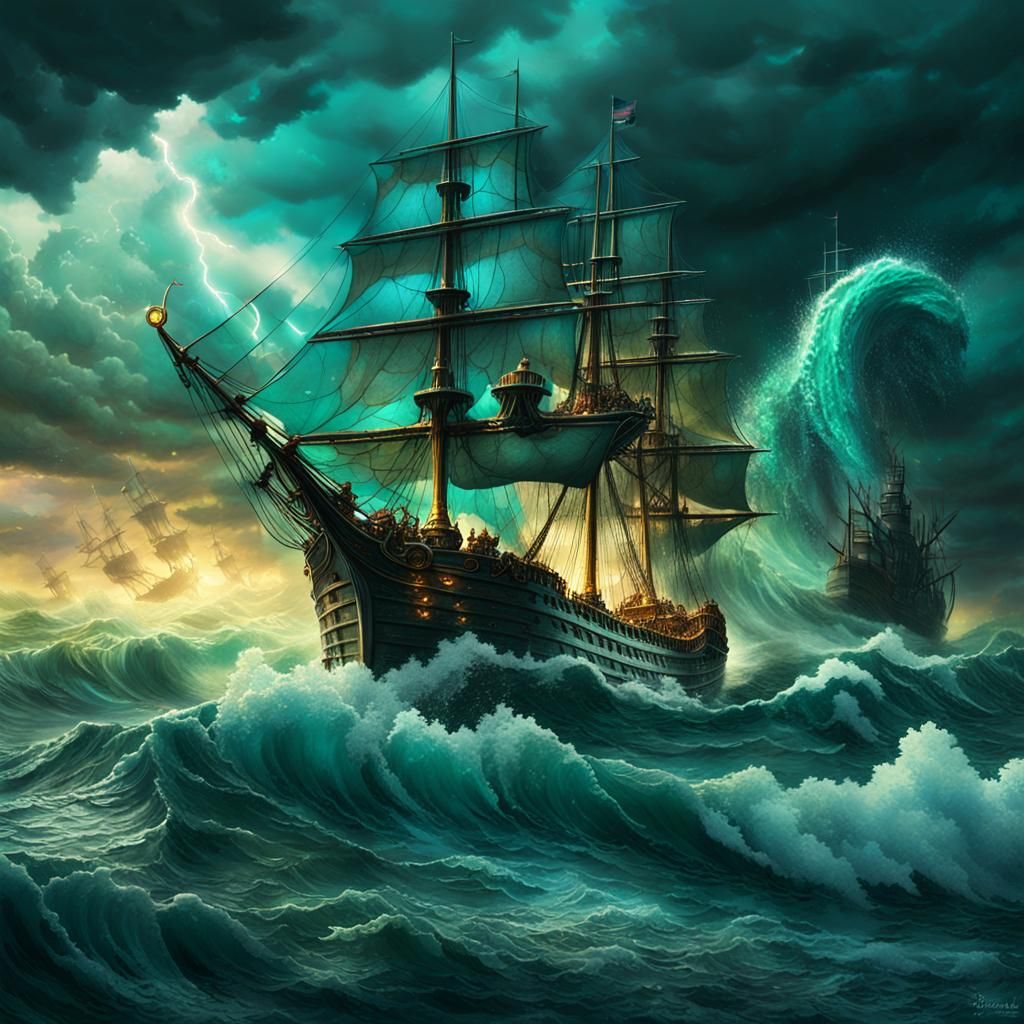 Dramatic Seascape with Ship and Sea Creatures