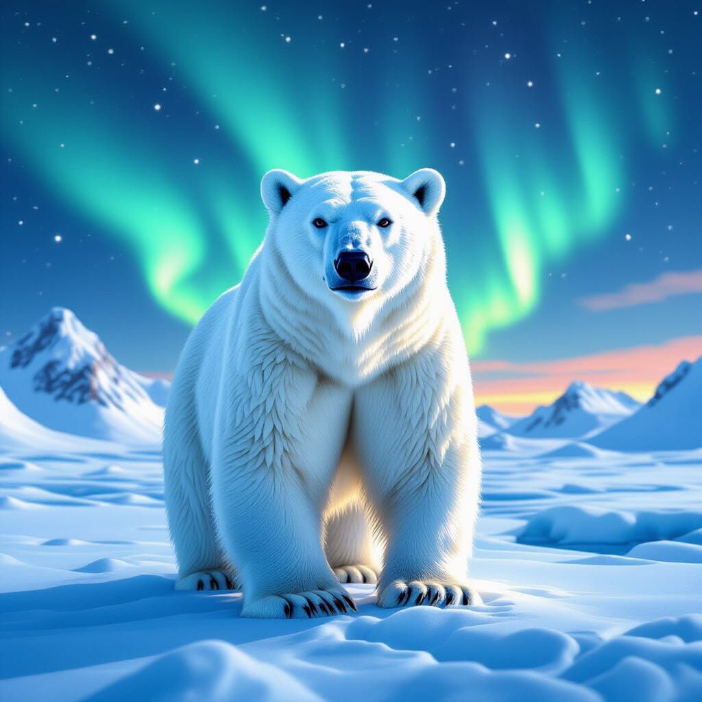 Polar Bear Under Aurora in Hyperrealistic Style