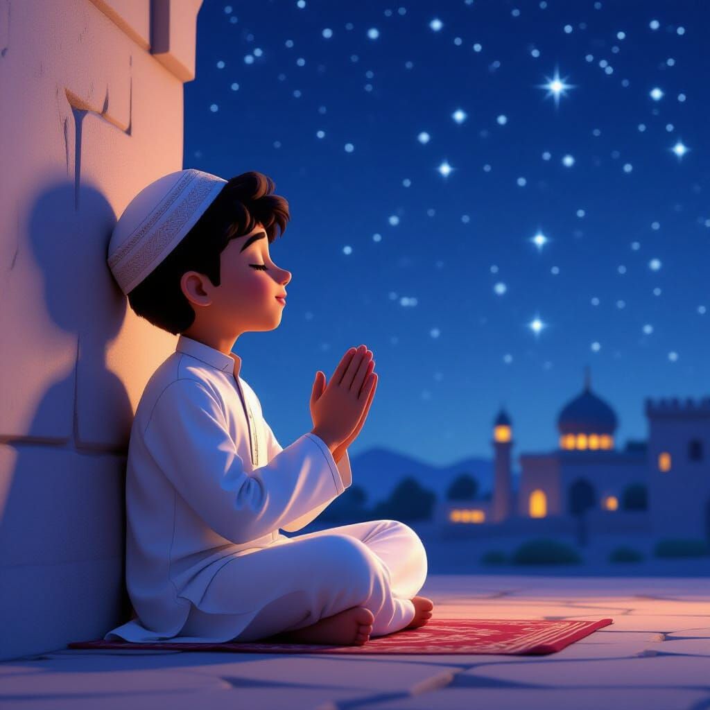3D Muslim Boy Praying Under Starry Night Sky