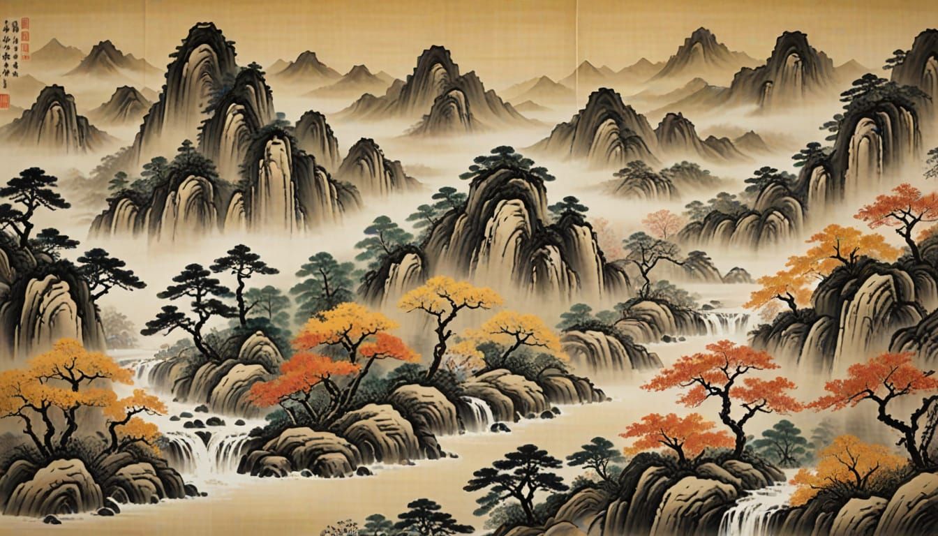 Classic Chinese Mountain Landscape with Autumn Foliage