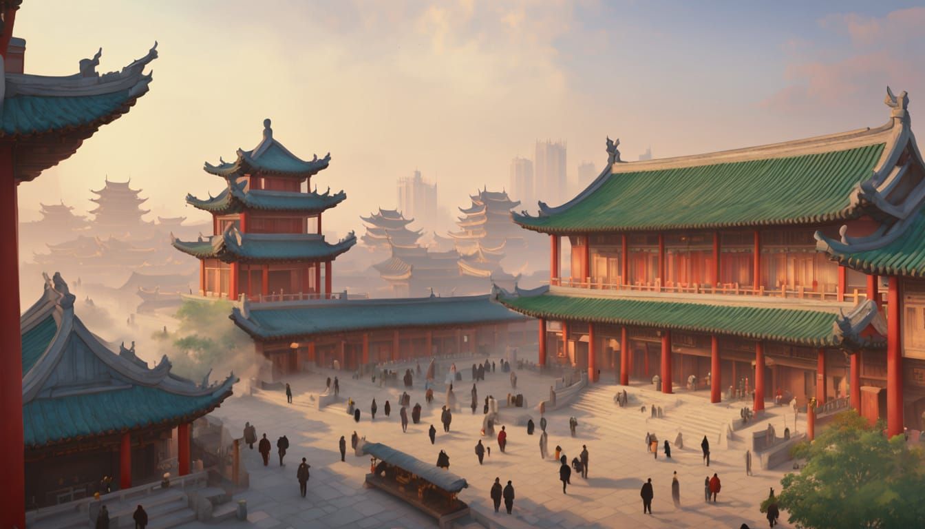 Surreal Cityscape in Traditional Chinese Painting Style